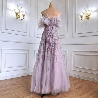 Luxury Dubai Feather Silver Evening Dresses: Elegant Long Gold and Lilac Formal Party Dress for Wedding Guests