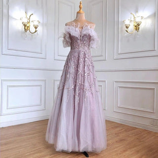 Luxury Dubai Feather Silver Evening Dresses: Elegant Long Gold and Lilac Formal Party Dress for Wedding Guests