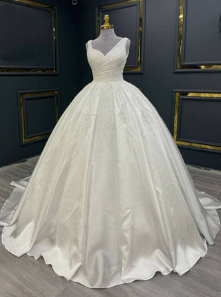 Graceful V-Neck Beaded Ball Gown with Ruched Bodice and Elegant Train