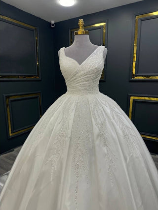 Graceful V-Neck Beaded Ball Gown with Ruched Bodice and Elegant Train