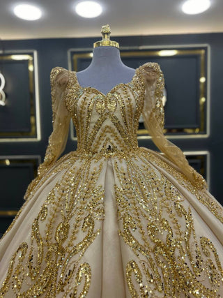 Luxurious Gold Beaded Ball Gown with Long Sheer Sleeves and Sweetheart Neckline