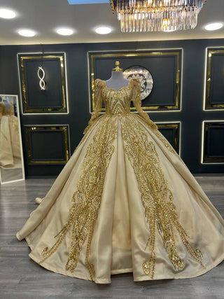 Luxurious Gold Beaded Ball Gown with Long Sheer Sleeves and Sweetheart Neckline