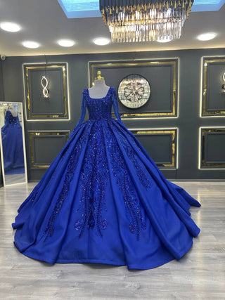 Exquisite Royal Blue Beaded Ball Gown with Long Sheer Sleeves and Square Neckline