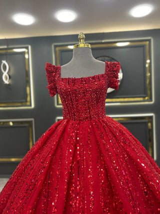 Luxurious Red Sequined Ball Gown with Off-the-Shoulder Ruffle Sleeves