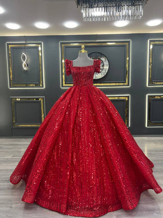 Luxurious Red Sequined Ball Gown with Off-the-Shoulder Ruffle Sleeves