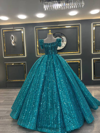 Luxurious Turquoise Sequined Ball Gown with Off-the-Shoulder Ruffle Sleeves