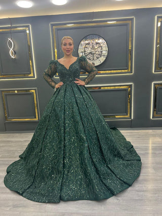 Opulent Green Beaded Ball Gown Evening Dress with Long Lace Sleeves