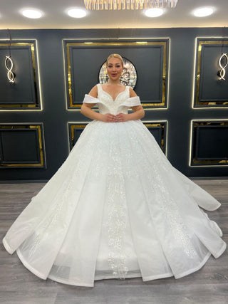 Majestic Off-Shoulder Princess Wedding Gown with Draped Sleeves and Beaded Embellishments