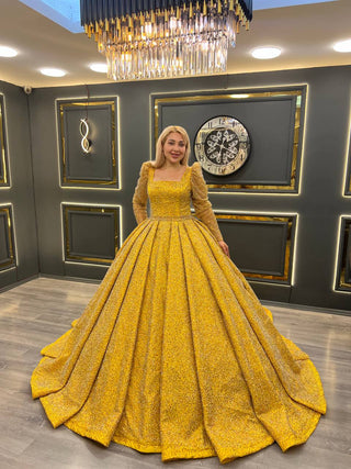 Magnificent Yellow Beaded Square Neckline Princess Ball Gown with Long Sleeves