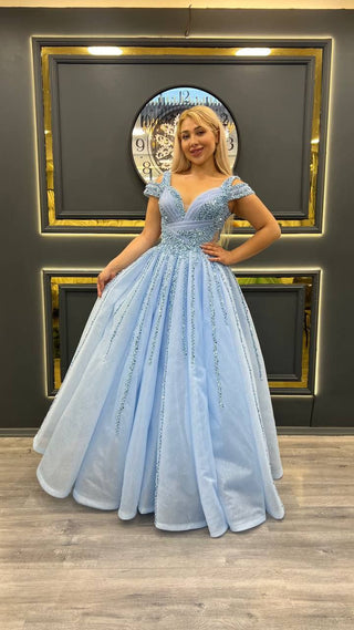 Radiant Blue Beaded Off-the-Shoulder Princess Ball Gown with Intricate Embellishments