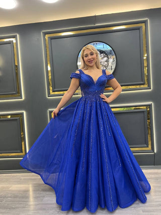 Majestic Royal Blue Beaded Off-the-Shoulder Princess Ball Gown with Sparkling Embellishments