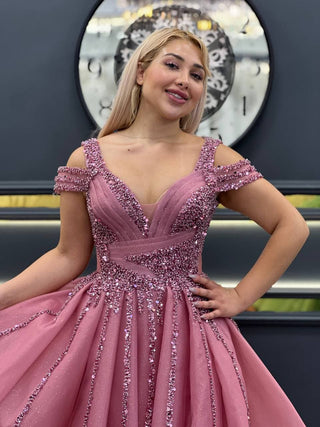 Opulent Rose Pink Beaded Off-the-Shoulder Princess Ball Gown with Sparkling Embellishments