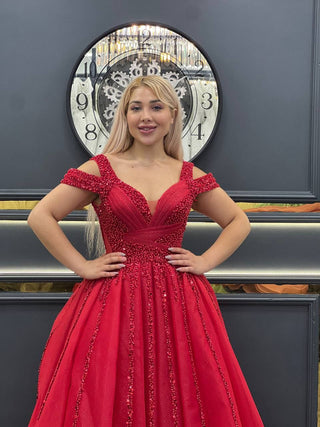 Stunning Scarlet Red Beaded Off-the-Shoulder Princess Ball Gown with Intricate Embellishments