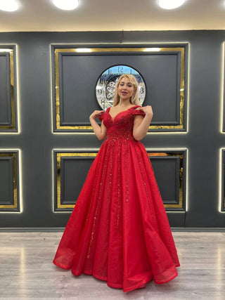 Stunning Scarlet Red Beaded Off-the-Shoulder Princess Ball Gown with Intricate Embellishments