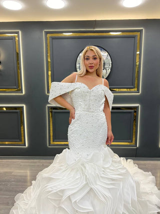 Elegant Pearl-Embellished Off-the-Shoulder Mermaid Wedding Dress with Dramatic Ruffle Train