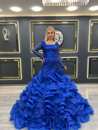 Regal Royal Blue Long Sleeve Beaded Mermaid Wedding Dress with Dramatic Ruffle Train