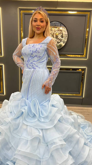 Enchanting Sky Blue Long Sleeve Beaded Mermaid Wedding Dress with Ruffled Train