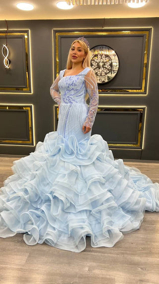 Enchanting Sky Blue Long Sleeve Beaded Mermaid Wedding Dress with Ruffled Train