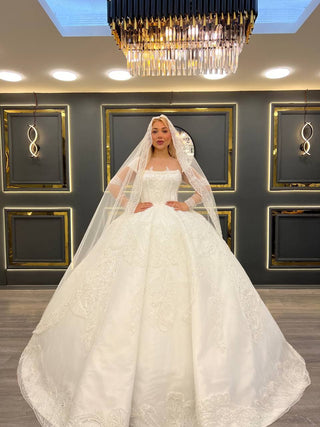 Exquisite Embellished Ball Gown Wedding Dress with Intricate Beading and Elegant Veil