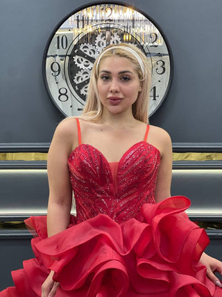 Luxurious Red Ruffled Cocktail Dress with Beaded Sweetheart Bodice and Spaghetti Straps