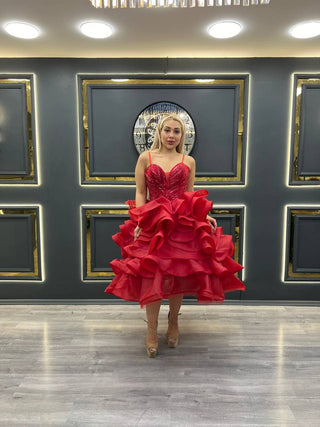 Luxurious Red Ruffled Cocktail Dress with Beaded Sweetheart Bodice and Spaghetti Straps