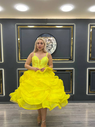 Radiant Yellow Ruffled Cocktail Dress with Beaded Sweetheart Bodice and Spaghetti Straps