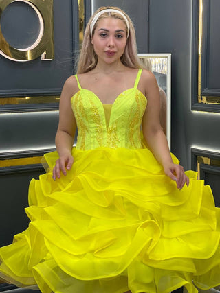 Radiant Yellow Ruffled Cocktail Dress with Beaded Sweetheart Bodice and Spaghetti Straps