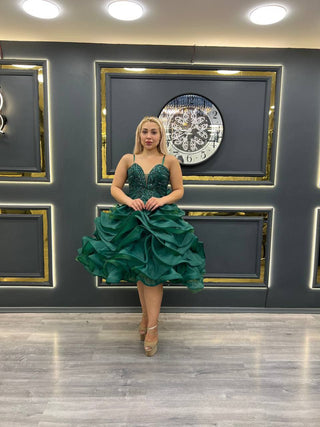 Stunning Emerald Green Ruffled Cocktail Dress with Beaded Sweetheart Bodice and Spaghetti Straps