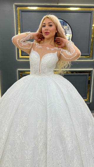 Magnificent Illusion Neckline Ball Gown Wedding Dress with Beaded Bodice and Sheer Long Sleeves