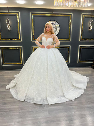 Magnificent Illusion Neckline Ball Gown Wedding Dress with Beaded Bodice and Sheer Long Sleeves