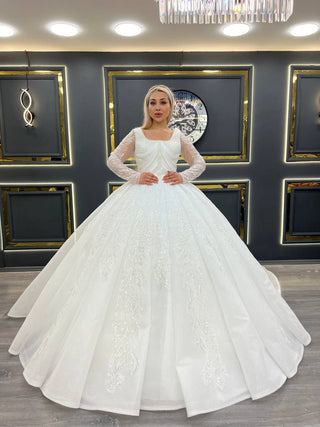 Regal Embellished Ball Gown Wedding Dress with Illusion Long Sleeves