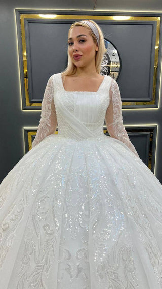 Majestic Beaded Square Neckline Princess Wedding Gown with Sheer Long Sleeves