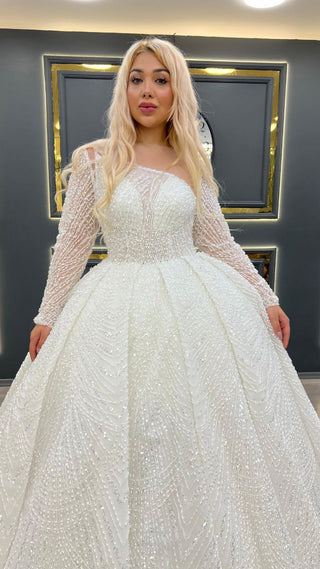 Opulent Fully Beaded Princess Wedding Gown with Long Sheer Sleeves