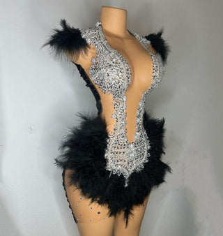 Glamorous Crystal Embellished Feather Mini Dress with Plunge Neckline