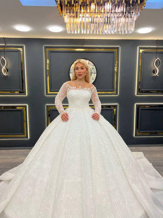 Majestic Off-Shoulder Beaded Illusion Neckline Princess Wedding Gown with Long Sheer Sleeves