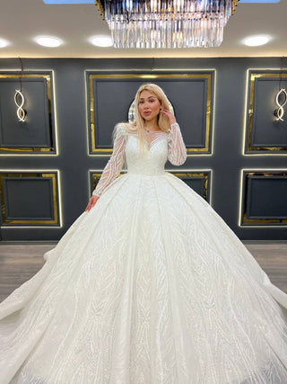 Enchanting Beaded Illusion V-Neck Princess Wedding Gown with Long Sheer Sleeves