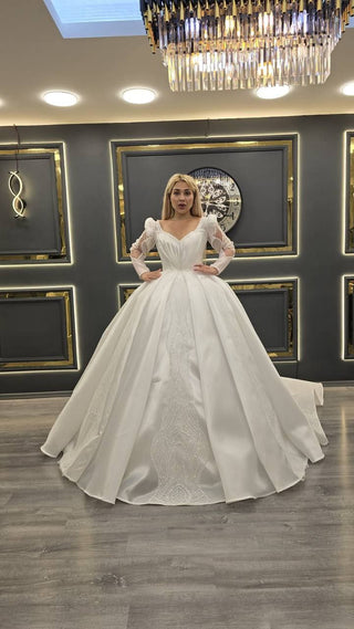 Opulent Embroidered Princess Ball Gown with Sheer Puff Sleeves