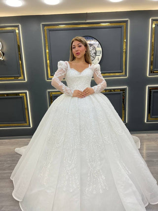 Majestic Glittering Embroidered Ball Gown with Sheer Lace Sleeves