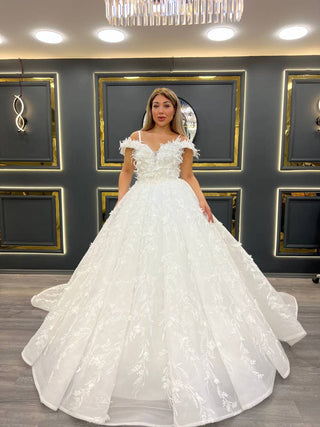 Extravagant Embroidered Ball Gown with Feathered Off-Shoulder Design