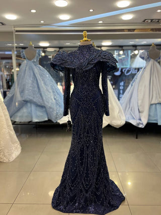 Elegant Midnight Blue Embellished Gown with Dramatic Ruffled Shoulders