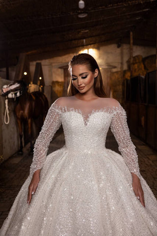 Regal Off-the-Shoulder Ball Gown Wedding Dress with Beaded Sheer Sleeves and Illusion Neckline