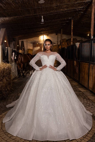 Regal Off-the-Shoulder Ball Gown Wedding Dress with Beaded Sheer Sleeves and Illusion Neckline