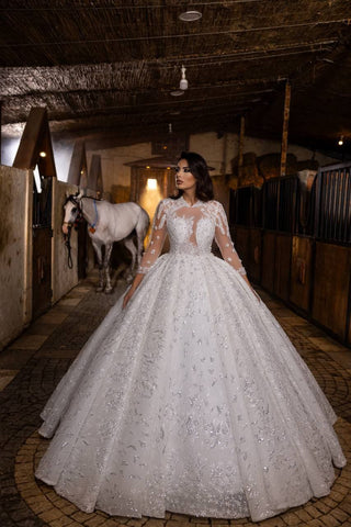 Ethereal Illusion Ball Gown Wedding Dress with Exquisite Beaded Appliqués and Sheer Embellished Sleeves