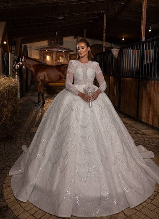 Ornate Beaded Ball Gown Wedding Dress with Sheer Sleeves and High Illusion Neckline