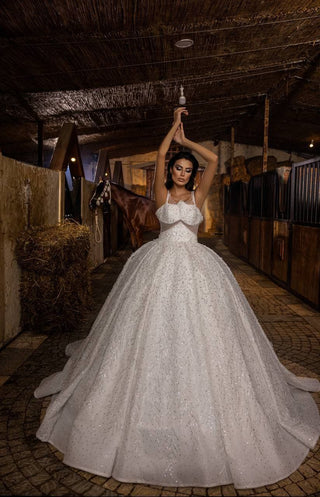 Breathtaking Beaded Ball Gown Wedding Dress with Pearl Straps and Illusion Cutout Waist