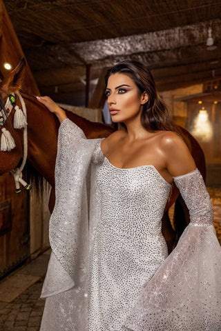 Enchanting Crystal-Encrusted Mermaid Wedding Gown with Dramatic Detachable Bell Sleeves