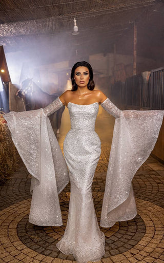 Enchanting Crystal-Encrusted Mermaid Wedding Gown with Dramatic Detachable Bell Sleeves