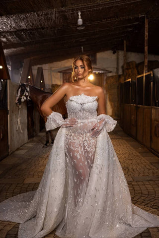 Opulent Sheer Lace Wedding Gown with Ornate Beadwork and Detachable Train