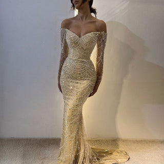 Dubai Nude Elegant Mermaid Evening Gown: Arabia Luxury Beaded for Women's Wedding Party 2024