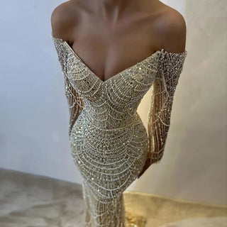 Dubai Nude Elegant Mermaid Evening Gown: Arabia Luxury Beaded for Women's Wedding Party 2024